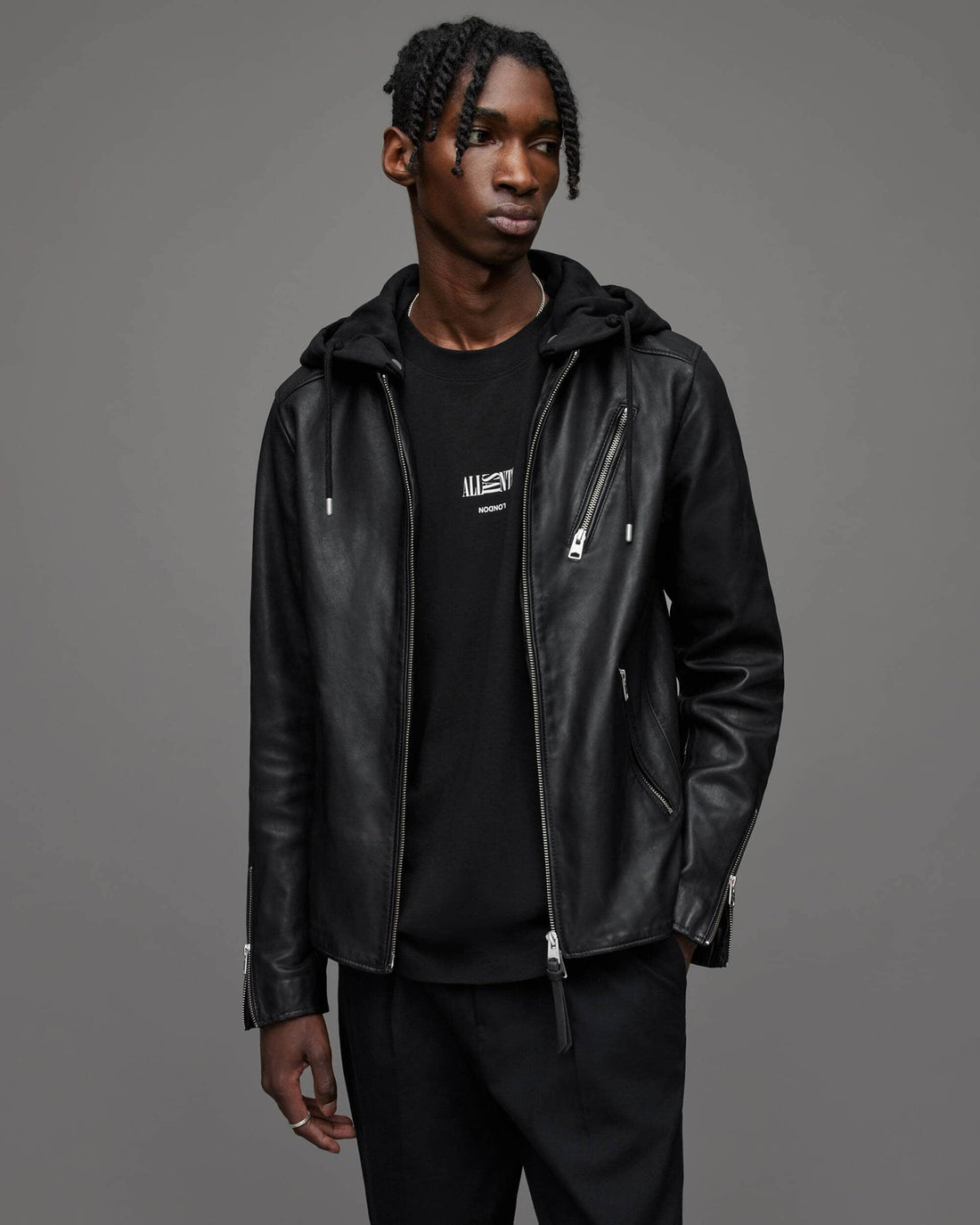 Arcane Fox Herren Bikerjacke aus Schafsleder mit abnehmbarer Kapuze, Schwarz - Bild 1