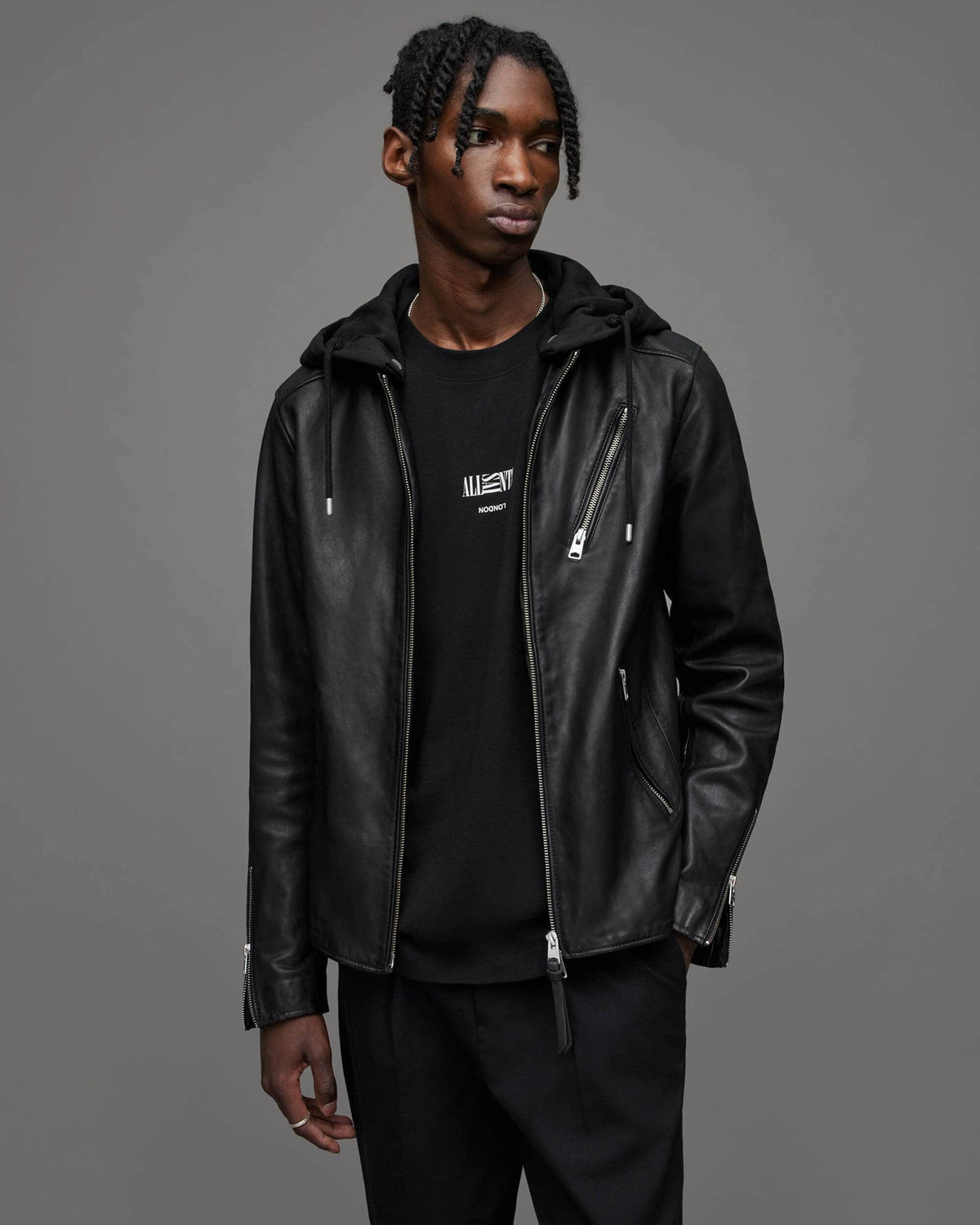Arcane Fox Herren Bikerjacke aus Schafsleder mit abnehmbarer Kapuze, Schwarz - Bild 1