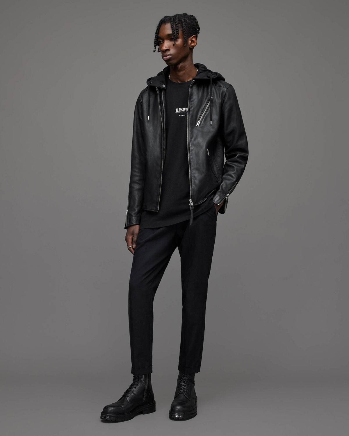 Arcane Fox Herren Bikerjacke aus Schafsleder mit abnehmbarer Kapuze, Schwarz - Bild 6